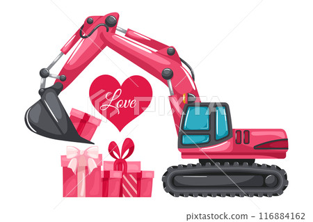 Tracked or crawler excavator loading boxes of gifts for Valentine's Day. Heavy machinery used in the construction and mining industry 116884162