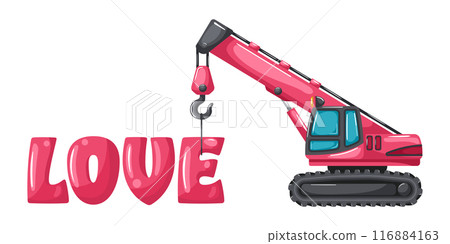 Telescopic crawler crane or chain crane cartoon pink color lifting letters of the word love for Valentine's Day. Heavy machinery used in the construction and mining industry Telescopic crawler crane or chain crane cartoon pink color lifting letters of the word love for Valentine's Day. Heavy machinery used in the construction and mining industry 116884163