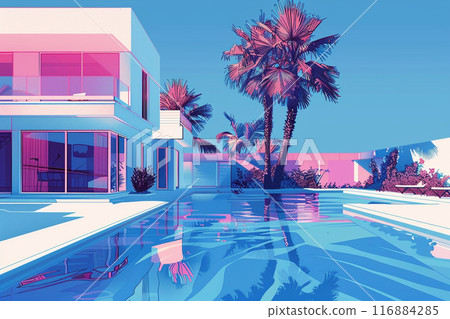 80's illustration city pop resort hotel pool 116884285