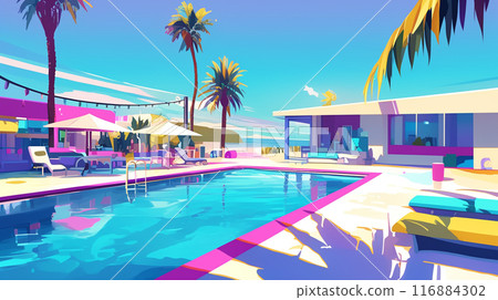80's illustration city pop resort hotel pool 80's illustration city pop resort hotel pool 116884302