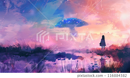 small girl standing in a surreal landscape with a giant mushroom-like structure  116884382