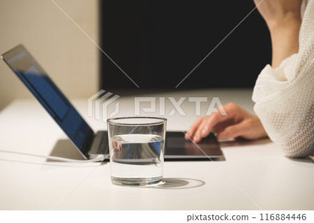 A middle-aged woman working at a computer at night 116884446