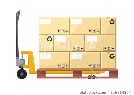Hydraulic skate with boxes stacked on a pallet. Cargo and shipping logistics. Industrial storage and distribution of products Hydraulic skate with boxes stacked on a pallet. Cargo and shipping logistics. Industrial storage and distribution of products 116884594
