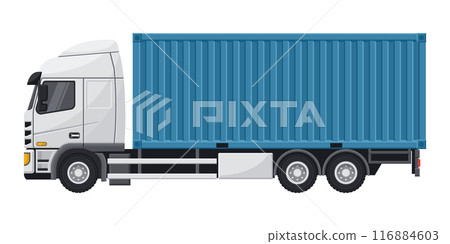 Blue container truck for export and transport of merchandise. Cargo and shipping logistics. Industrial storage and distribution of products Blue container truck for export and transport of merchandise. Cargo and shipping logistics. Industrial storage and distribution of products 116884603