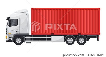 Red container truck for export and transport of merchandise. Cargo and shipping logistics. Industrial storage and distribution of products 116884604