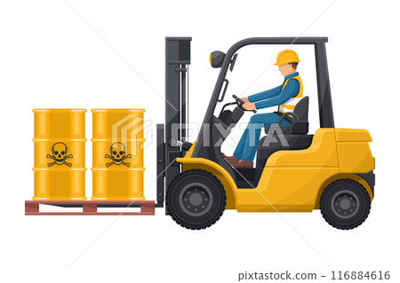 Safely drive a forklift. Fork lift truck transporting a pallet with a barrel of toxic materials. Safety when driving forklifts. safety first. Industrial Safety and Occupational Health 116884616