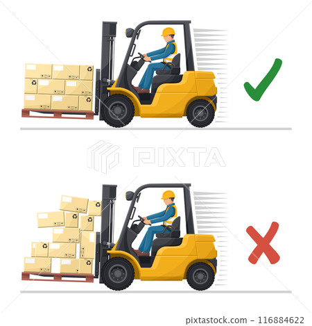 Safety in handling a fork lift truck. Make sure the load is properly stacked. Security First. Prevention of accidents at work. Industrial Safety and Occupational Health Safety in handling a fork lift truck. Make sure the load is properly stacked. Security First. Prevention of accidents at work. Industrial Safety and Occupational Health 116884622