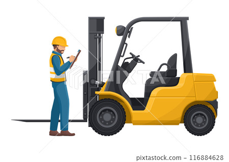 Industrial inspector inspecting a lift truck. Preventive maintenance of an industrial forklift. Industrial storage and distribution of products. Industrial Safety 116884628