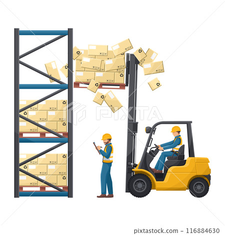 Do not go under the forks. Risk of falling load from a forklift. Safety in handling a fork lift truck. Security First. Accident prevention at work. Industrial Safety and Occupational Health 116884630