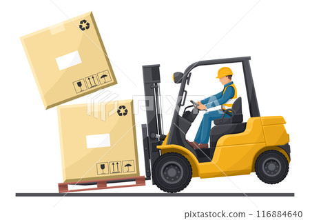 Dangers of driving a forklift. Industrial worker in an accident with boxes falling on the fork lift truck. Work accident in a warehouse. Security First. Industrial Safety and Occupational Health Dangers of driving a forklift. Industrial worker in an accident with boxes falling on the fork lift truck. Work accident in a warehouse. Security First. Industrial Safety and Occupational Health 116884640