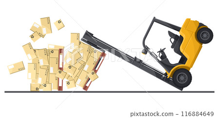 Dangers of driving a forklift. Forklift overturning. Safety in handling a forklift. Work accident in a warehouse. Security First. Industrial Safety and Occupational Health 116884649