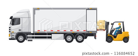 Forklift loading pallet of stacked boxes to a container truck. Forklift driving safety. Security First. Cargo and shipping logistics. Industrial storage and distribution of products 116884652