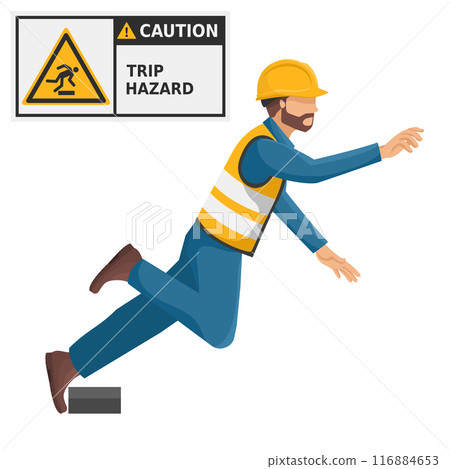 Industrial worker with trip hazard sign warning. Caution icon and pictogram. Work accident. Worker with personal protective equipment. Industrial safety and occupational health at work 116884653