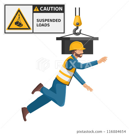 Industrial worker with suspended loads hazard sign warning. Caution icon and pictogram. Work accident. Worker with personal protective equipment. Industrial safety and occupational health at work 116884654