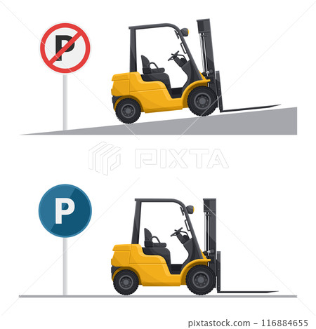 Properly parking the forklift on flat surfaces and not on slopes. Safety in handling a fork lift truck. Security First. Accident prevention at work. Industrial Safety and Occupational Health 116884655
