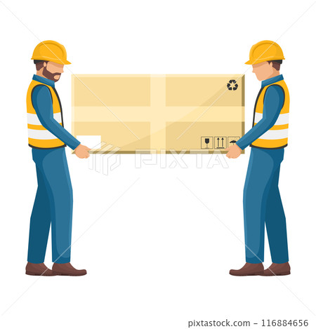 Industrial delivery workers carrying a box for shipping. Security First. Cargo and shipping logistics. Industrial storage and distribution of products. Industrial Safety and Occupational Health 116884656