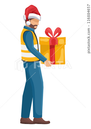 Industrial worker with christmas hat carrying gift box. Security First. Cargo and shipping logistics. Industrial storage and distribution of products. Industrial Safety and Occupational Health 116884657