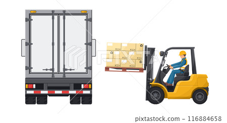Forklift loading pallet of stacked boxes to a container truck. Fork lift truck driving safety. Security First. Cargo and shipping logistics. Industrial storage and distribution of products 116884658