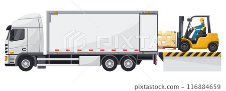 Forklift loading a pallet with boxes to a container truck at the loading and unloading dock. Forklift driving safety. Cargo and shipping logistics. Industrial storage and distribution of products 116884659