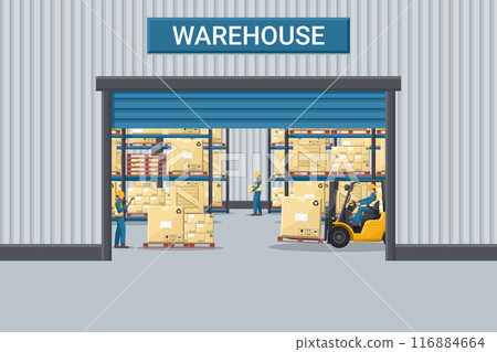 Warehouse with industrial metal racks and shelves for pallet support. Worker driving a forklift. Forklift driving safety. Cargo and shipping logistics. Industrial storage and distribution of products 116884664