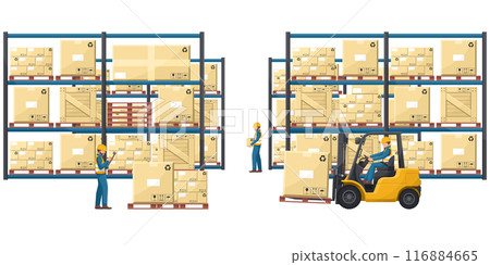 Warehouse interior with pallet racks with stacked boxes. Industrial worker driving a forklift. Forklift driving safety. Cargo and shipping logistics. Industrial storage and distribution of products 116884665