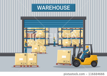 Warehouse with industrial metal racks and shelves for pallet support. Worker driving a forklift. Forklift driving safety. Cargo and shipping logistics. Industrial storage and distribution of products 116884666