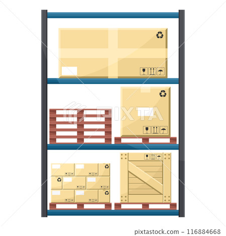 Warehouse with industrial metal racks and shelves for pallet support. Cargo and shipping logistics. Industrial storage and distribution of products 116884668