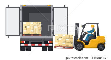 Forklift loading pallet of stacked boxes to a container truck. Fork lift truck driving safety. Security First. Cargo and shipping logistics. Industrial storage and distribution of products 116884670