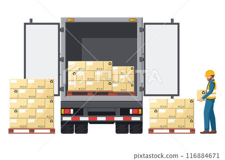 Industrial worker loading boxes into a Isothermal, efrigerated truck for the transportation of perishable foods. Cargo and shipping logistics. Industrial storage and distribution of products 116884671