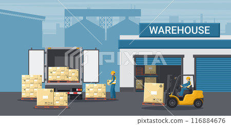 Warehouse with industrial metal racks and shelves for pallet support. Forklift loading boxes to a container truck. Cargo and shipping logistics. Industrial storage and distribution of products Warehouse with industrial metal racks and shelves for pallet support. Forklift loading boxes to a container truck. Cargo and shipping logistics. Industrial storage and distribution of products 116884676