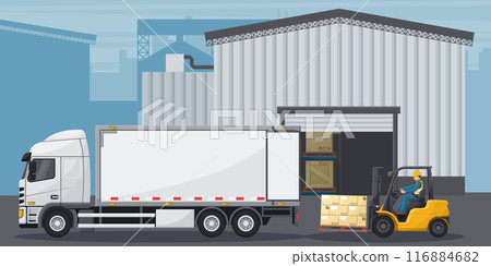 Warehouse with industrial metal racks and shelves for pallet support. Forklift loading boxes to a refrigerator truck. Cargo and shipping logistics. Industrial storage and distribution of products Warehouse with industrial metal racks and shelves for pallet support. Forklift loading boxes to a refrigerator truck. Cargo and shipping logistics. Industrial storage and distribution of products 116884682