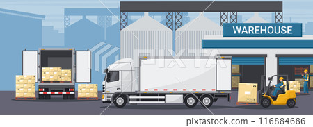 Exterior of industrial warehouse. Worker doing inventory of merchandise. Forklift loading boxes to a refrigerator truck. Cargo and shipping logistics. Industrial storage and distribution of products Exterior of industrial warehouse. Worker doing inventory of merchandise. Forklift loading boxes to a refrigerator truck. Cargo and shipping logistics. Industrial storage and distribution of products 116884686