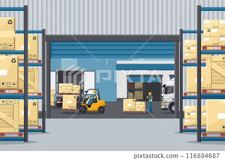 Warehouse with metal racks. Forklift loading boxes to a refrigerator truck. Worker doing inventory of merchandise. Cargo and shipping logistics. Industrial storage and distribution of products 116884687