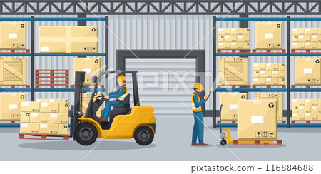 Warehouse with industrial metal racks for pallet support. Forklift loading boxes. Worker doing inventory of merchandise. Cargo and shipping logistics. Industrial storage and distribution of products 116884688