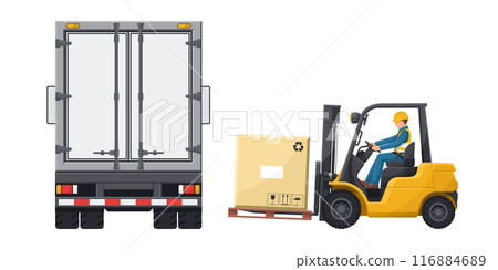 Worker driving a forklift loading merchandise into a refrigerated truck. Fork lift truck driving safety. Security First. Cargo and shipping logistics. Industrial storage and distribution of products 116884689