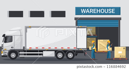 Exterior of an industrial warehouse with workers loading merchandise into a refrigerated container truck. Cargo and shipping logistics. Industrial storage and distribution of products Exterior of an industrial warehouse with workers loading merchandise into a refrigerated container truck. Cargo and shipping logistics. Industrial storage and distribution of products 116884692