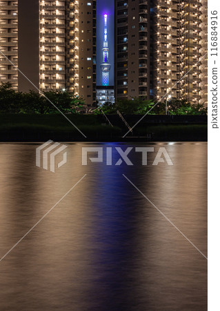 Night view of Tokyo Skytree and apartment buildings 116884916