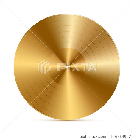 Realistic gold vinyl disc vector illustration isolated on white background. Music record album. Highest award for musicians. Songs and singers reward. Old technology, retro design, top charts concept Realistic gold vinyl disc vector illustration isolated on white background. Music record album. Highest award for musicians. Songs and singers reward. Old technology, retro design, top charts concept 116884967