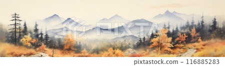 Autumn mountain range, misty mountains and trees, watercolor illustration Autumn mountain range, misty mountains and trees, watercolor illustration 116885283