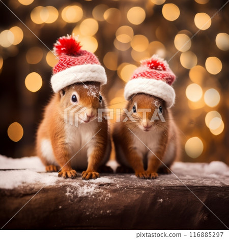 Two squirrels wearing red Christmas hats, bokeh lights in the background Two squirrels wearing red Christmas hats, bokeh lights in the background 116885297