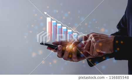 Young man using smartphone to visualize money growth The phone screen  116885548