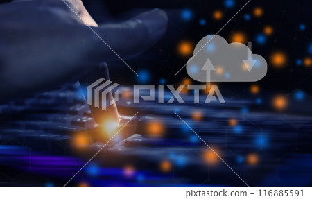 Young Man hand with computer keyboard and cloud computing diagram, Data storage 116885591