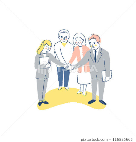 Customers and salespeople joining hands in a circle 116885665