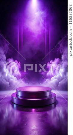 Purple Podium for product demonstrations, magic mystical atmosphere soft violet light and fog 116885868