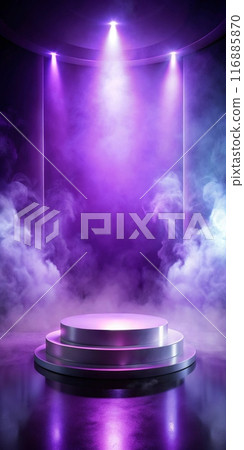 Purple Podium for product demonstrations, magic mystical atmosphere soft violet light and fog 116885870