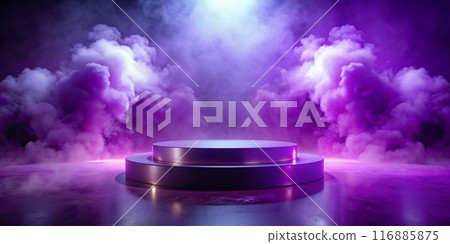 Purple Podium for product demonstrations, magic mystical atmosphere soft violet light and fog Purple Podium for product demonstrations, magic mystical atmosphere soft violet light and fog 116885875