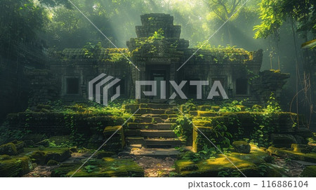 Mystical ancient ruins of an ancient civilization, shrouded by thick jungle vines and tall trees Mystical ancient ruins of an ancient civilization, shrouded by thick jungle vines and tall trees 116886104