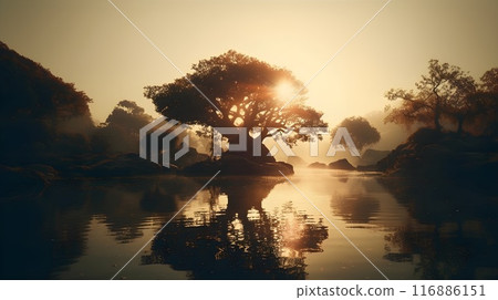 Nature's dawn beauty reflected in tranquil lake with serene sunrise and peaceful scenery, silhouette tree. Nature's dawn beauty reflected in tranquil lake with serene sunrise and peaceful scenery, silhouette tree. 116886151