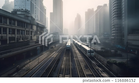 Cityscape with skyscrapers, office buildings, rail tracks, and fog in the urban area. 116886152