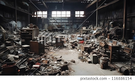 Desolate factory abandoned, decayed, and forgotten. Haunting remains of industrial past. Warehouse full of scrap material unused parts. 116886154